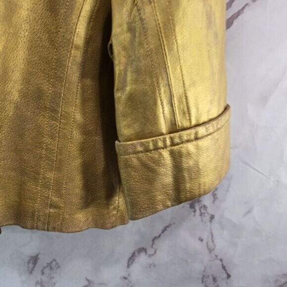 Vintage Leather Jacket Womens Medium Gold Crop Y2K Moto Glam Coated Metallic - Picture 3 of 6